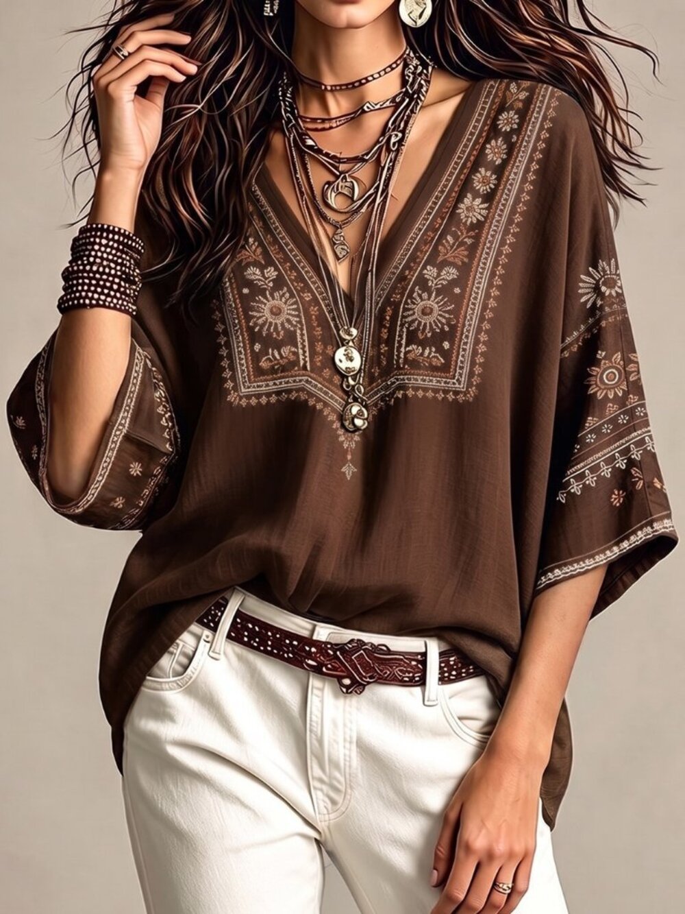 Multicolor Boho Women's Loose Embroidery Fringe Floral Print Batwing V-Neck Top